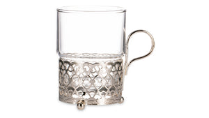 QUEEN ANNE Tea Glass in a cup holder with Handle 9х6 cm Antique Glass, Stainless Steel, Silver-plated