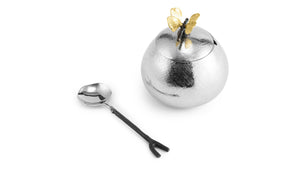 MICHAEL ARAM Sugar Pot with Spoon 8Dx9Hcm Butterfly Ginkgo Hand Textured Stainless Steel Natural & Oxidized Brass