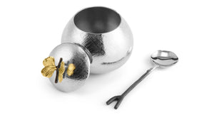 MICHAEL ARAM Sugar Pot with Spoon 8Dx9Hcm Butterfly Ginkgo Hand Textured Stainless Steel Natural & Oxidized Brass