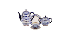 IMPERIAL PORCELAIN Coffee Set Cobalt Blue Pattern Set of 20 For 6 People Fine China White Blue