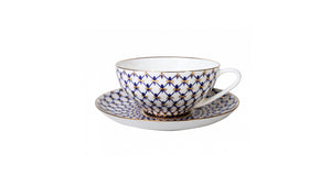 IMPERIAL PORCELAIN Teacup with Saucer 310 ml Cobalt Blue Pattern Fine Bone China White Blue