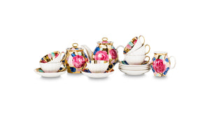 DULEVO PORCELAIN Tea Set White Swan Shape  Late Evening Pattern Set of 15 For 6 People Fine China Multicolor