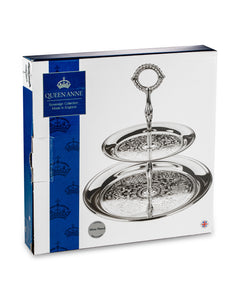 QUEEN ANNE  2 Tier Cake Stand with Plain Edges, Handle 25,5 cm Stainless Steel, Silver-Plated